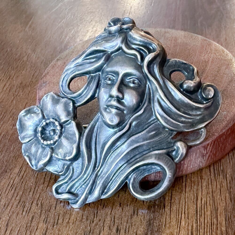 Antique Art Nouveau Sterling Silver Brooch Maiden with Flower, Gibson Girl Style - Picture 4 of 13